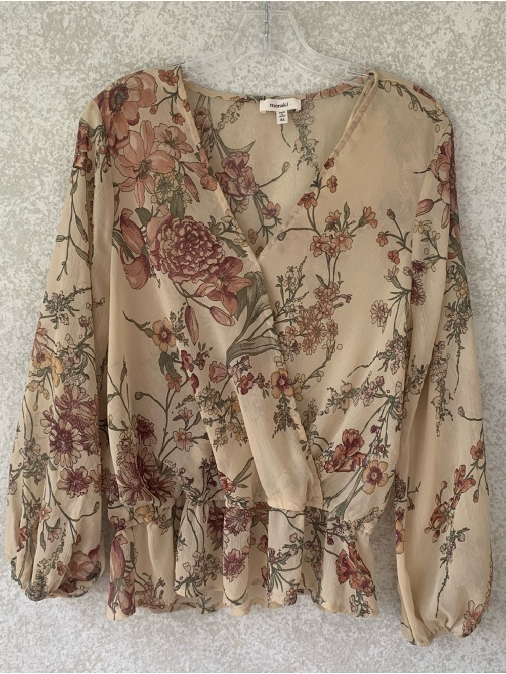 meraki Women's XL Cream Floral Wrap-Style Blouse with Pink & Green Accents